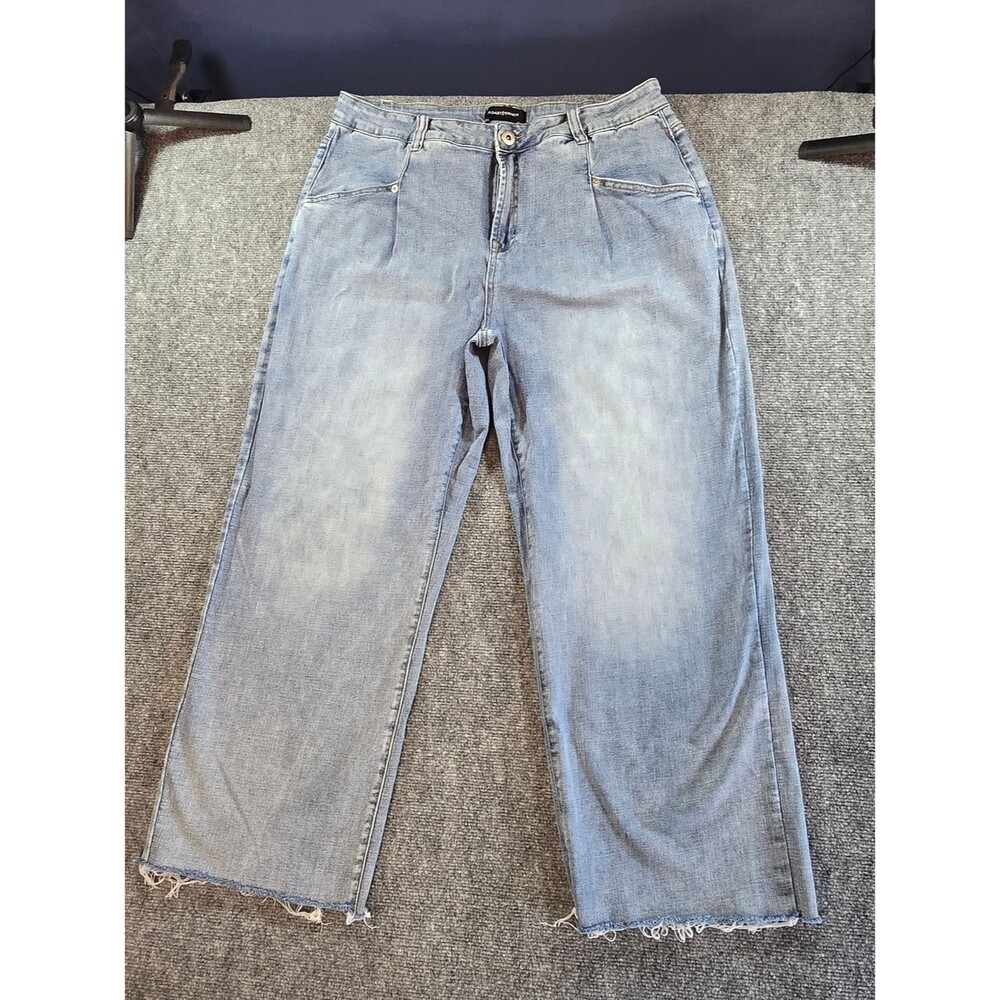Ashley Stewart Light Wash Wide Leg Jeans Womens 16 Raw Hem High Rise Denim